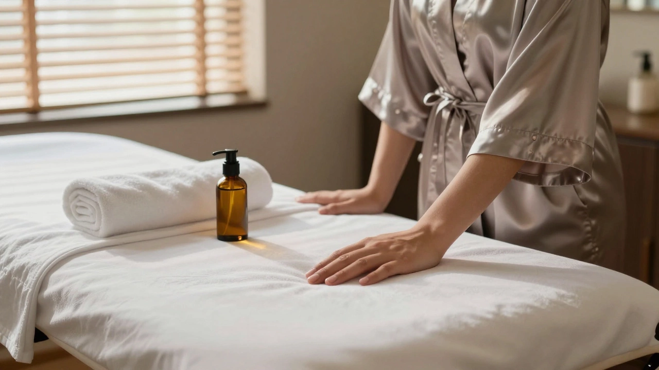 A massage table in a softly lit room, with oil and towel arranged with care—no bodies, only stillness.