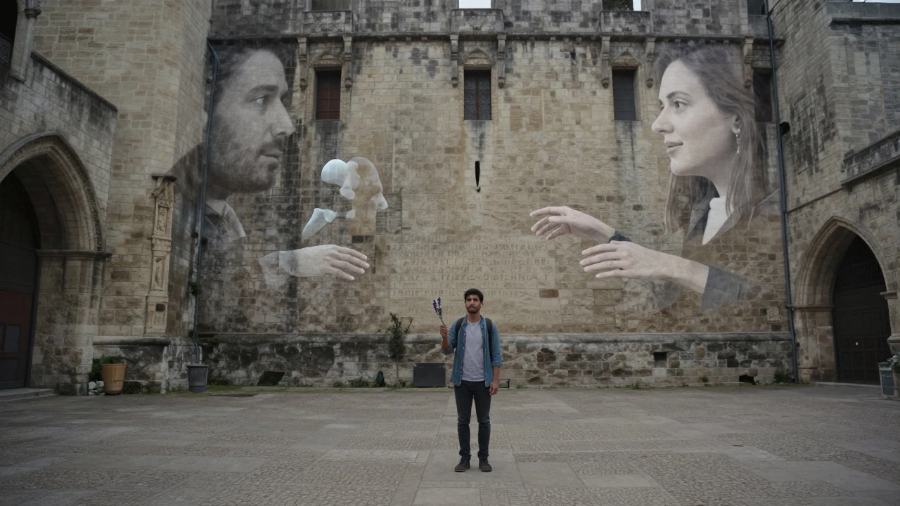 A traveler in an empty courtyard, surrounded by ghostly echoes of fleeting moments and whispered secrets.