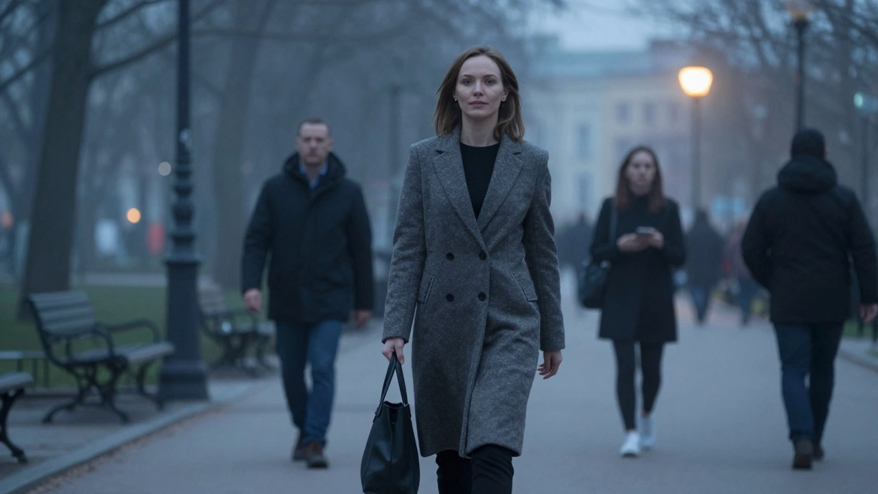A woman walks alone through a misty city park at dusk, calm and composed amid blurred passersby.