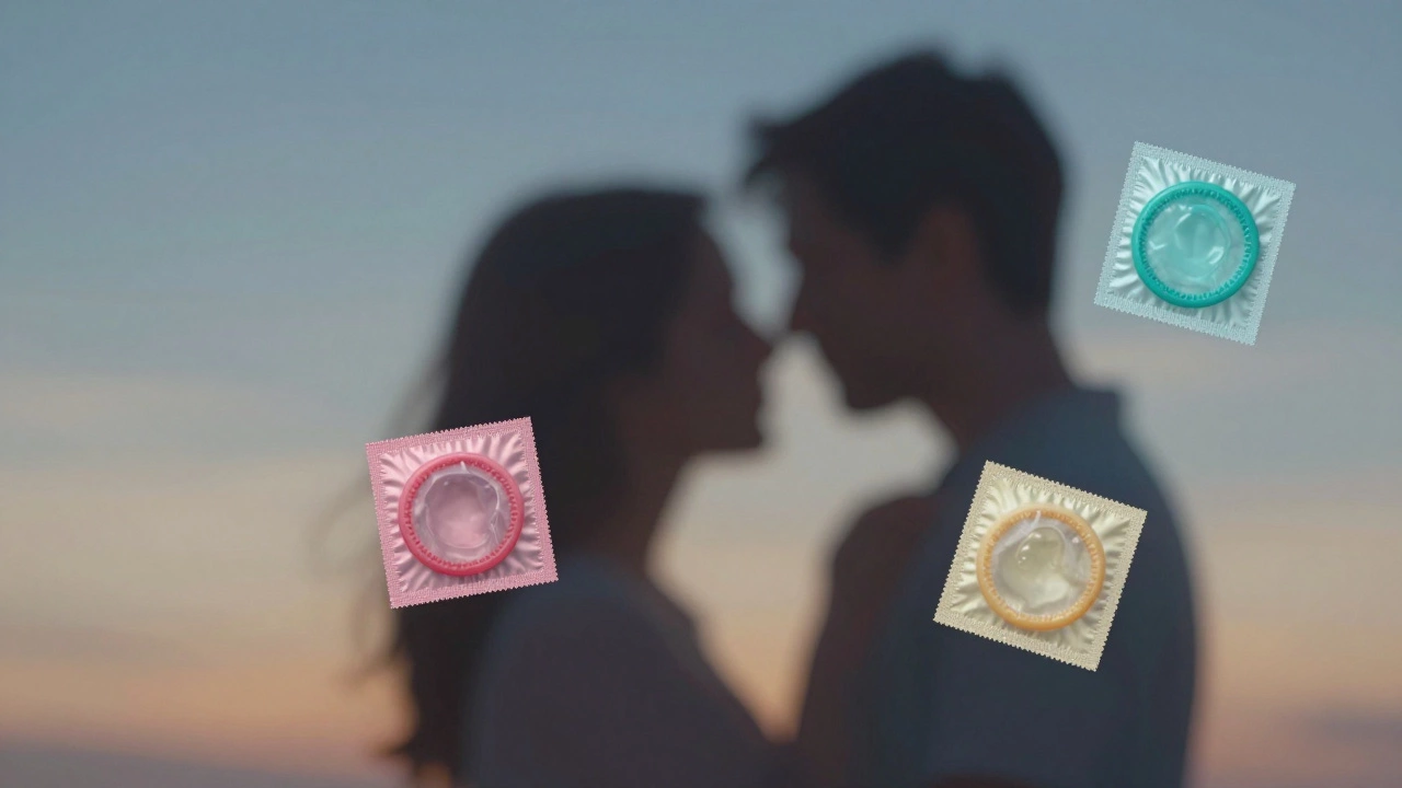 Silhouetted couple surrounded by translucent representations of condom materials in warm and cool tones.