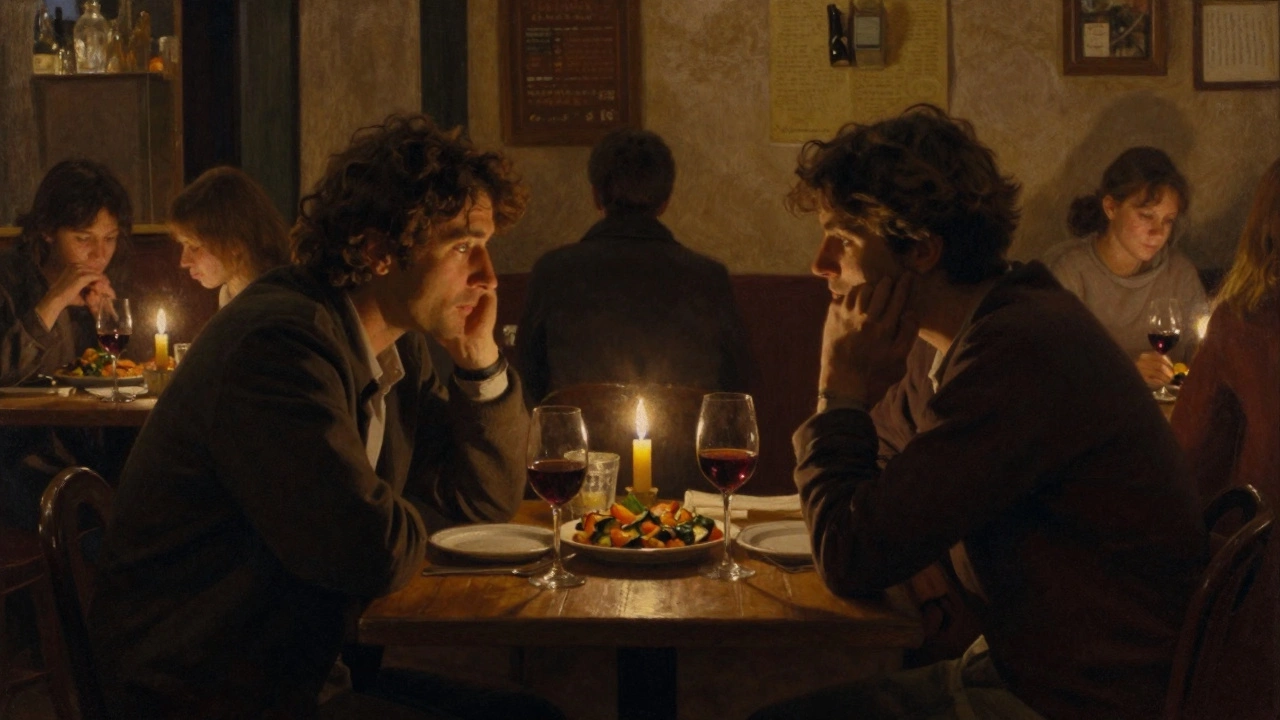 Two people sharing a meal in a cozy Avignon bistro, candlelight casting warm shadows on their faces.
